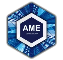 Logo hexagonal azul y blanco con fondo de edificios, en el centro las palabras AME Consultoría la mejor consultoría empresarial.