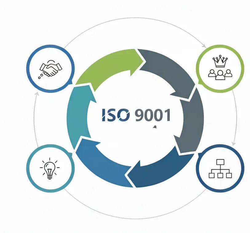 Un diagrama circular que representa un ciclo de mejora continua con la frase "ISO 9001" en el centro