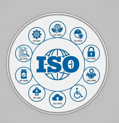 Gráfico circular azul con iconos de ISO 9001, 14001  entre otros y otras normas de gestión de calidad.