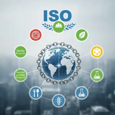 Globo terráqueo con cadena conectado a sectores industriales y normas de gestión de calidad con un fondo de una ciudad