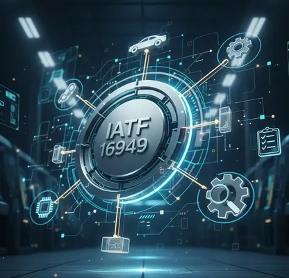 Ilustración de una red tecnológica de datos y control de calidad automotriz acerca del auditor interno iatf 16949.