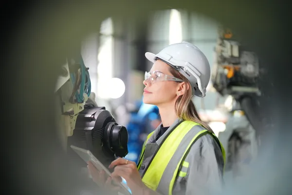 Fotografía de una colaboradora utilizando equipos de protección trabajando con implementación de normas ISO.