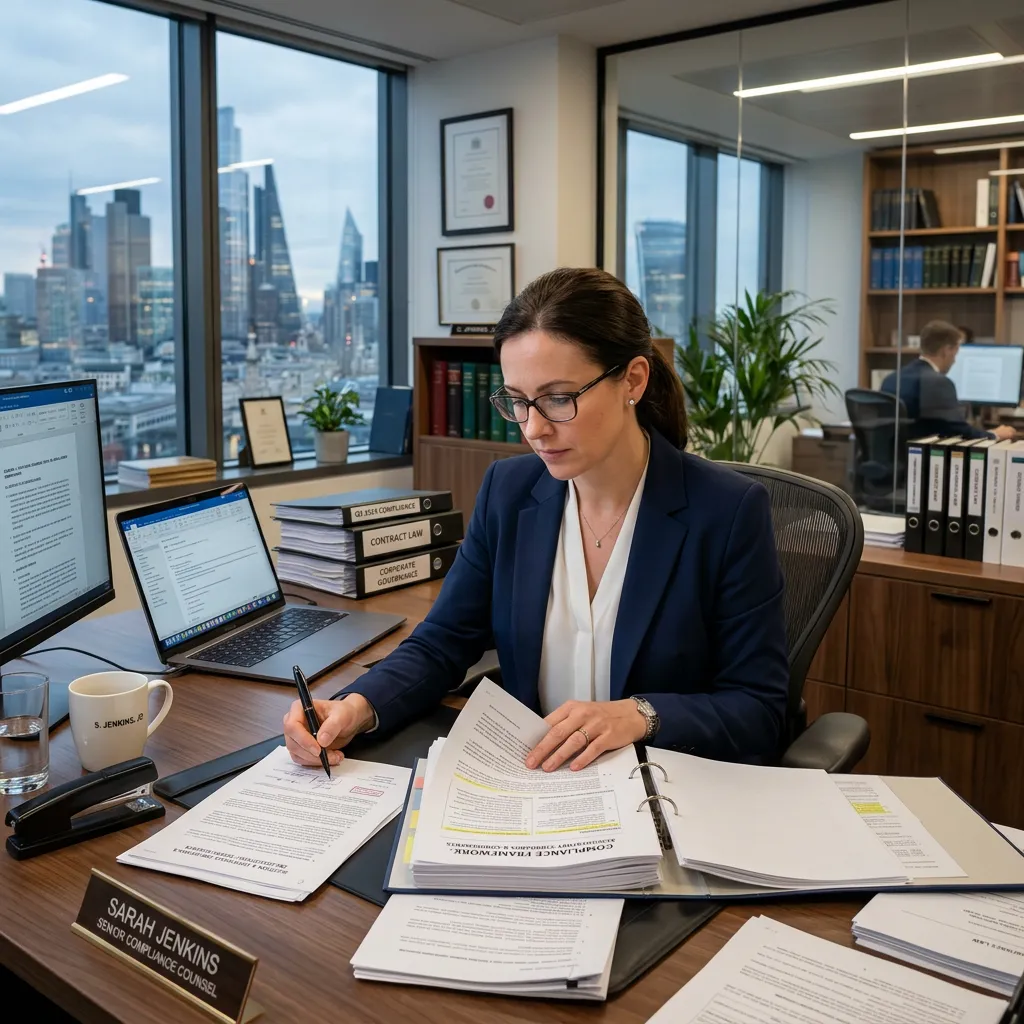 Imagen de una mujer en una oficina con muchos documentos al rededor los cuales son para lograr el cumplimiento normativo de AME Consultoría