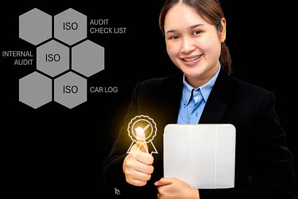 cuando se debe de renovar el certificado ISO para mantener la certificación y mujer señalando simbolos de la norma ISO
